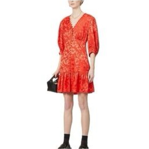 Sandro Azelie Red Floral Jacquard Silk Blend Dress Cropped Puff Sleeves V-Neck 0 - Picture 3 of 12